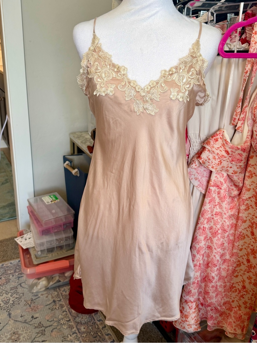 SILK SILKY Pink Mulberry Silk & Lace Mini Slip Dress With Lace Trim & V Neckline